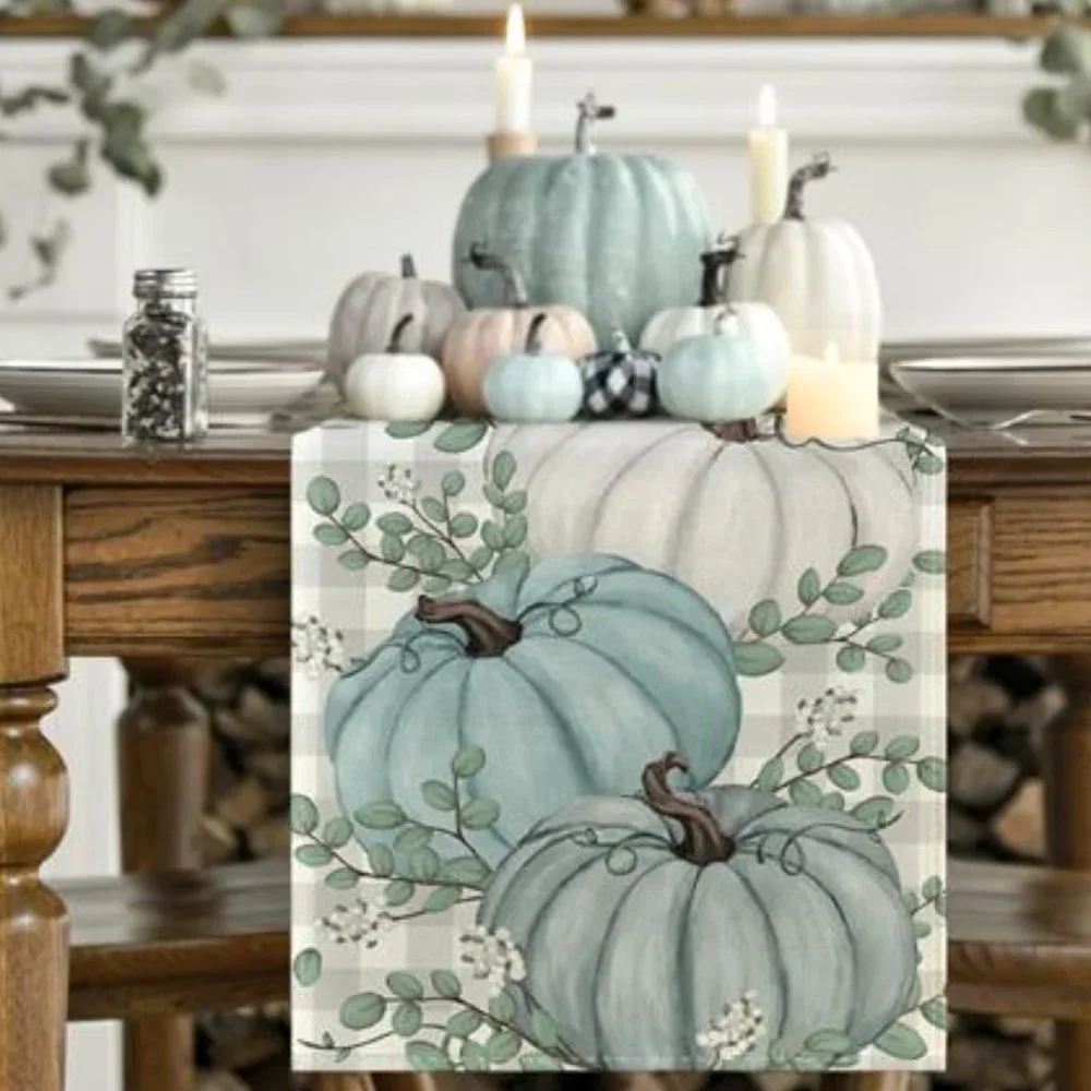Pumpkin Table Runner Decorative Cloth Thanksgiving Decoration Blue Fall Decor